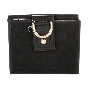 Gucci GG Black Canvas Compact Wallet Leather Lined Gucci D-Ring Gold Hardware